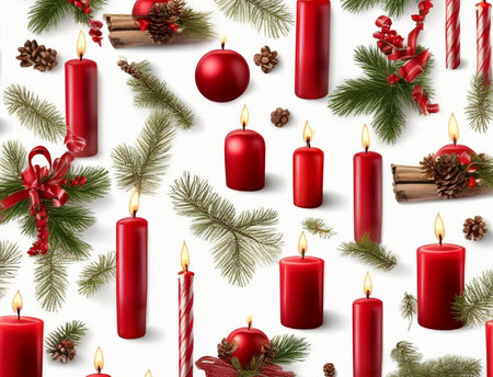 Christmas background with red candles, fir branches and cones on white backgroundの素材