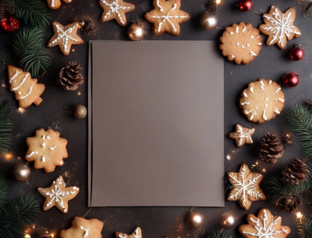 Christmas background with gingerbread cookies and fir branches. Top view with copy spaceの素材