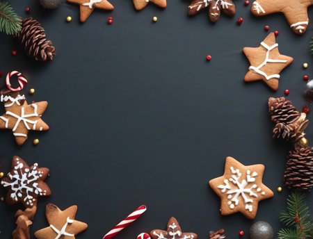 Christmas gingerbread cookies on a black background. Top view with copy spaceの素材