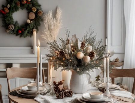 Elegant table setting for Christmas dinner in living room, space for textの素材