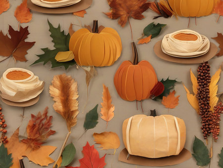 Autumn background with pumpkins and leaves. Flat lay, top view.の素材