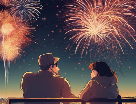 Young couple watching fireworks at new year eve. Celebration and holiday conceptの素材