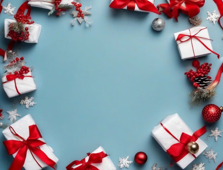 Christmas background with gift boxes and decorations on blue background, top viewの素材