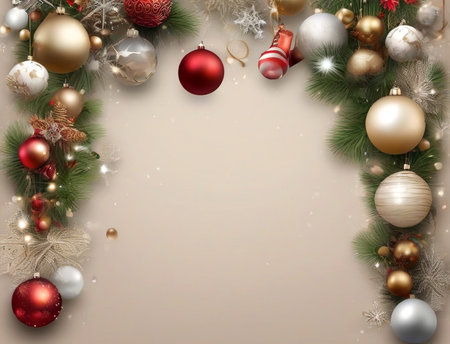 Christmas background with baubles, fir branches and snowflakesの素材