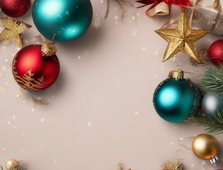 Christmas background with baubles and decorations. Top view with copy spaceの素材