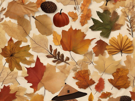Autumn background with leaves and pumpkins. Flat lay, top view.の素材