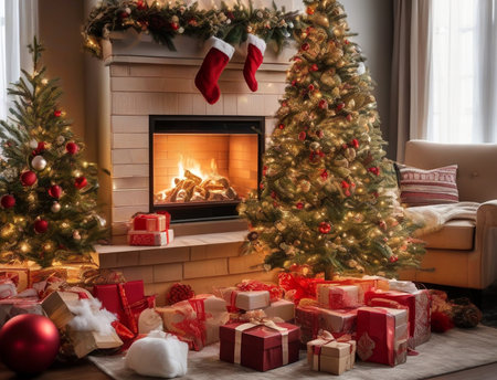 Beautiful Christmas tree with presents and fireplace in living room at homeの素材