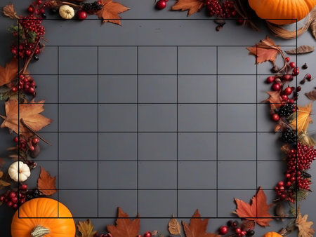 Autumn background with pumpkins, leaves and berries. Top viewの素材