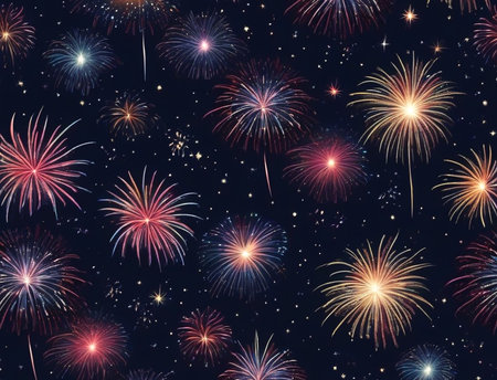 Colorful firework seamless pattern on dark blue background. Fireworks wallpaper.の素材