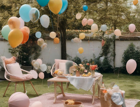 Wedding table decorated with balloons and flowers in a garden.の素材