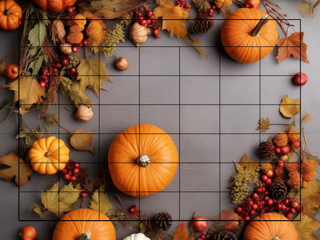 Autumn background with pumpkins, leaves and berries. Top viewの素材