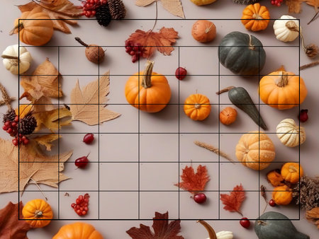 Autumn background with pumpkins, leaves and berries, top viewの素材