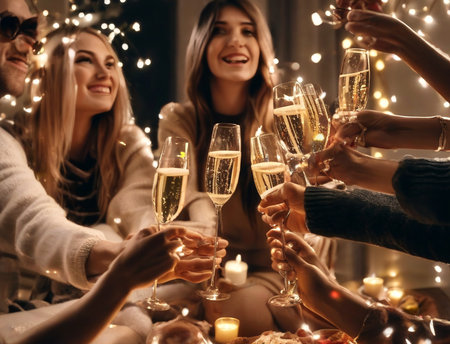 Group of friends clinking glasses with champagne at party, closeupの素材