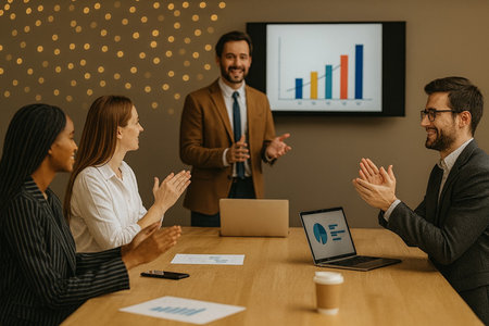 Group of business people applauding during a meeting in the office.の素材