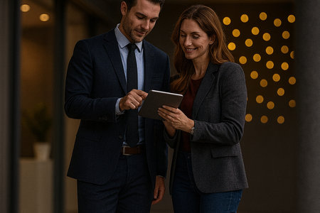 Portrait of a happy business couple using digital tablet in the officeの素材