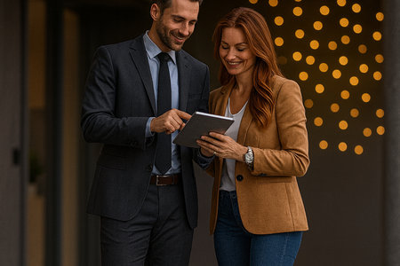 businessman and businesswoman in formal wear using digital tablet in officeの素材