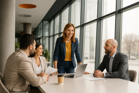 Group of happy business people working together in the office. They are sitting at a table and smilingの素材