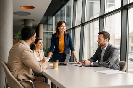 smiling businesswoman in formal wear looking at colleague during meeting in officeの素材