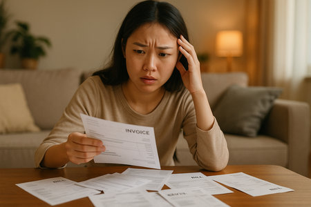Worried Asian woman sitting at the table and calculating bills at homeの素材
