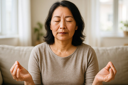 Relaxed asian woman meditating at home, practicing yogaの素材