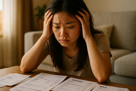 Unhappy young Asian woman calculating bills at home. Financial problems concept.の素材