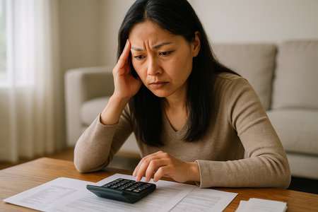 Unhappy Asian woman calculating expenses at home. Financial problems concept.の素材