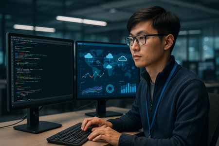 Young Asian man working on computer in office. Cloud computing concept.の素材
