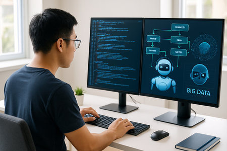 Programmer working on a modern computer in a software develop company officeの素材