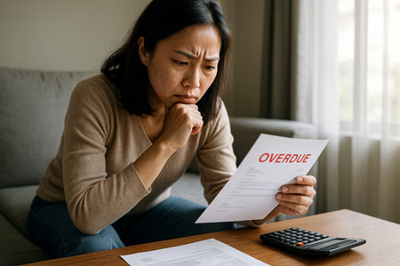 Unhappy asian woman sitting on sofa, looking at bills and calculating expenses.の素材
