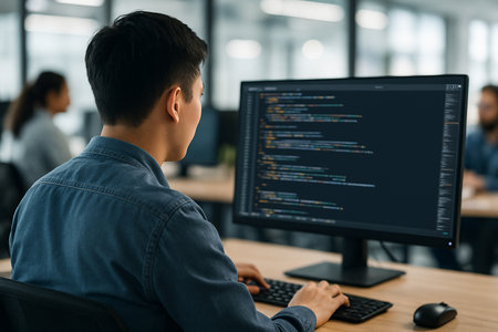 Side view of young programmer working on computer in office. Side view of man typing on keyboard.の素材