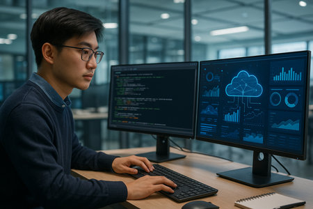 Young Asian businessman working on computer in office. Cloud computing concept.の素材