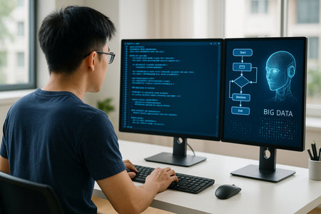 Programmer working on a computer in a software development company office.の素材