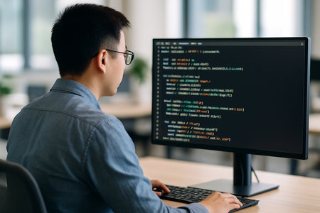 Side view of young Asian programmer in eyeglasses working on computer in officeの素材