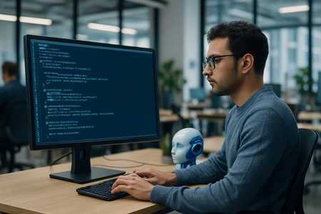 Side view of male programmer in eyeglasses using computer in officeの素材
