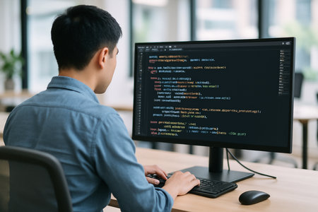Side view of young Asian programmer working on computer in the office.の素材