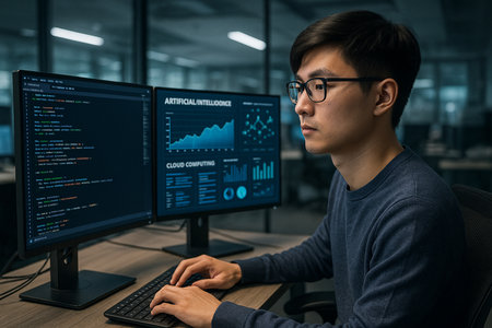 Side view of young Asian man wearing eyeglasses working on computer in officeの素材