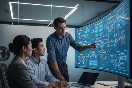 business people working together in modern office using computer and tablet with virtual graphic interfaceの素材
