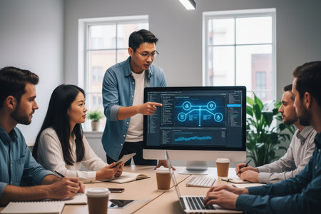 Group of business people in smart casual wear working together in modern office.の素材