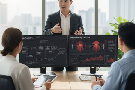 Group of business people discussing the charts and graphs showing the results of their successful teamworkの素材