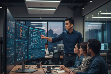 Team of software developers in smart casual wear working on computers in modern office.の素材
