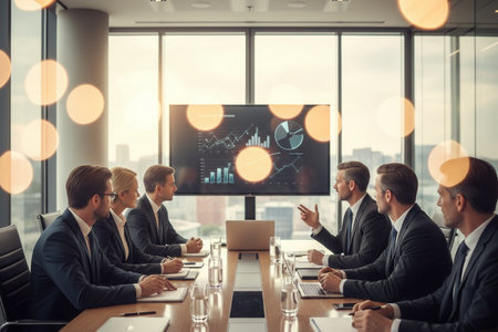Group of business people working together in modern office with double exposure of financial graph.の素材