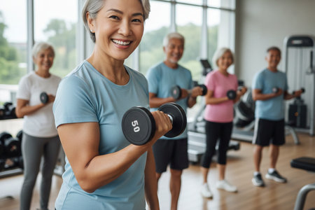 Smiling asian senior woman lifting dumbbells in fitness clubの素材