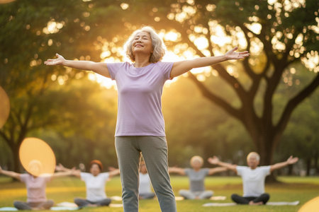 Senior woman doing yoga in the park with group of people on backgroundの素材