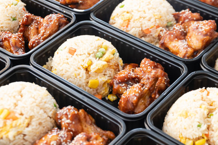 Ready to eat Modern asian rice box, Japanese bento box, Japanese food lunch boxes in plastic...