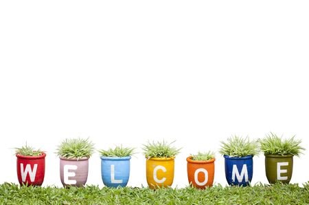 welcome word made from Jardiniere on white background の写真素材