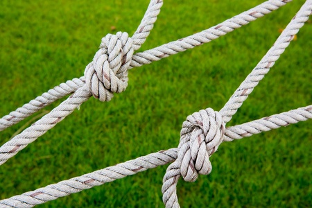 Knot rope netting with a green background.の写真素材