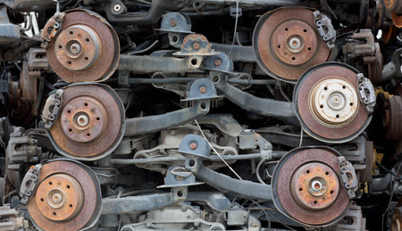 stack of rusted metallic car parts in garageの写真素材