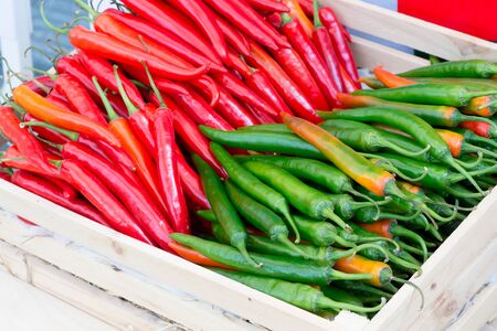 Chili Peppers in basketの写真素材