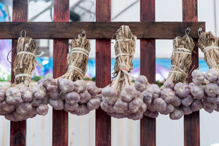 Shallot bunch hanging on a wooden wallの写真素材