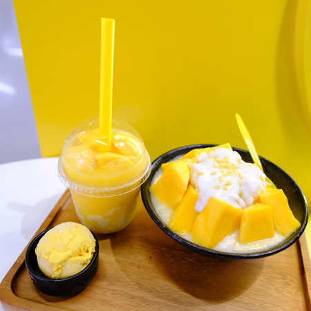 mango with sticky rice  on the tableの写真素材